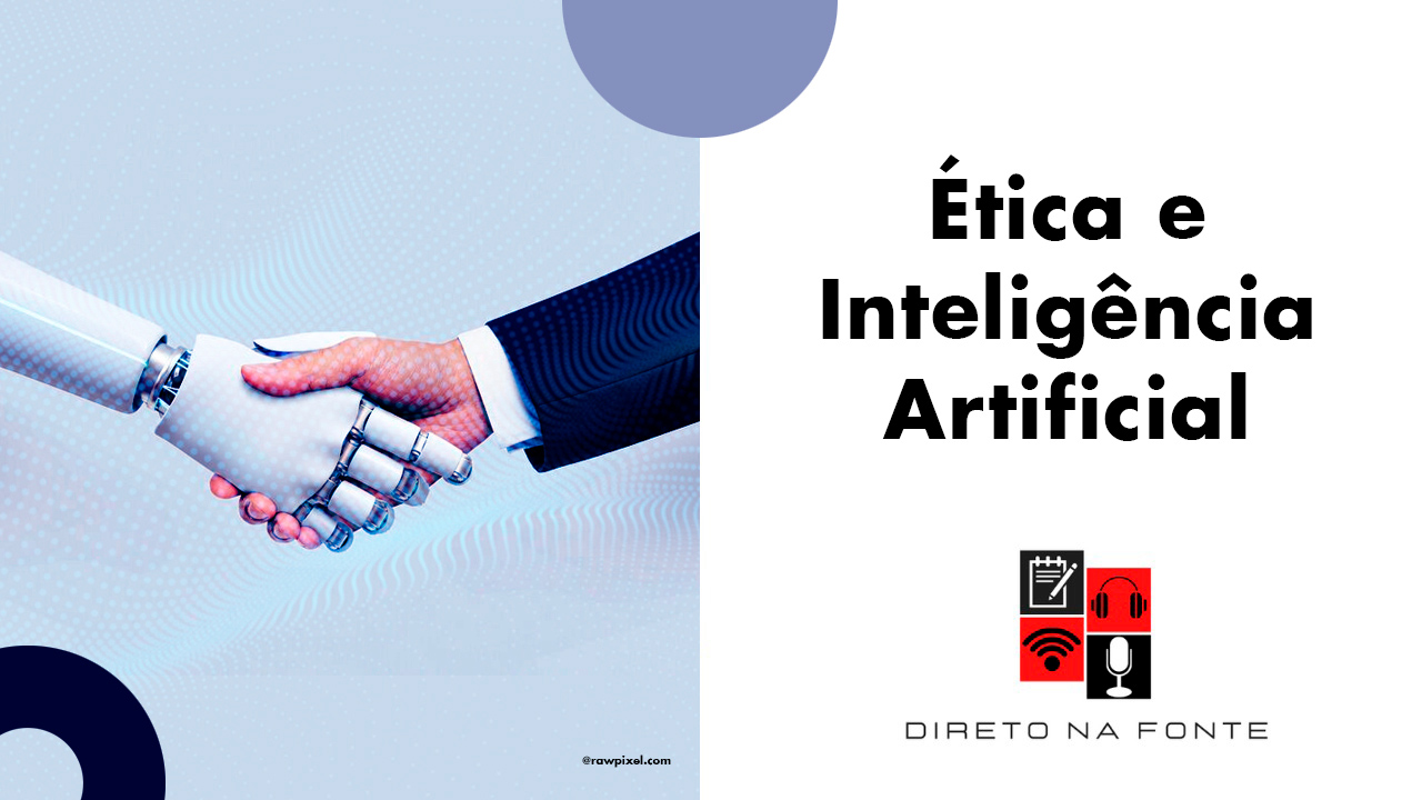 A capa mostra uma tela com o logotipo do programa e o titulo "Ética e Inteligência Artificial" à esquerda há uma ilustração de uma mão robótica apertando uma mão humana
