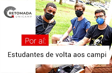 Capa do vídeo traz uma foto de estudantes, o selo de retomada da Unicamp e a frase "Por aí: Vida no campus"