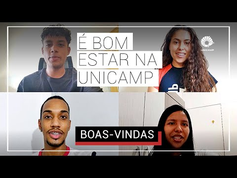 Capa do vídeo com as fotos dos quatro estudantes e o texto: é bom estar na Unicamp!