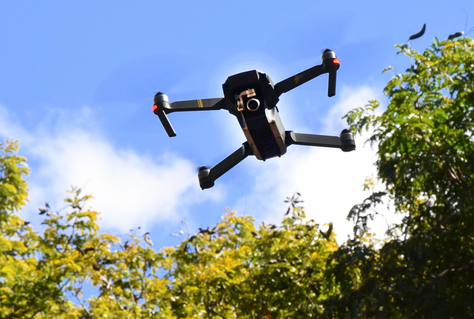 Em área externa, voando ao centro, entre altas árvores, o drone, equipamento com aproximadamente setenta centímetros de diâmetro, com hélices nas pontas de quatro eixos que se unem a uma peça central retangular onde estão os sensores e também uma micro câmara de foto e filmagem à frente.