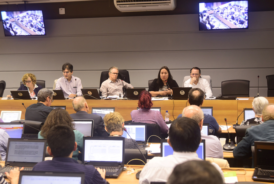 Em amplo auditório, em imagem frontal, cinco pessoas sentadas em cadeira, uma ao lado da outra, entre homens e mulheres, sendo que à frente deles há uma extensa mesa retangular de madeira sobre a qual há notebooks e microfones de mesa à frente de cada um, entre outros objetos. À frente do grupo, de costas da imagem, várias pessoas sentadas em cadeiras, uma ao lado da outra, formando várias fileiras, e que participam da reunião, tendo à frente notebooks abertos sobre extensas mesas de madeira. Imagem 2 de 6.