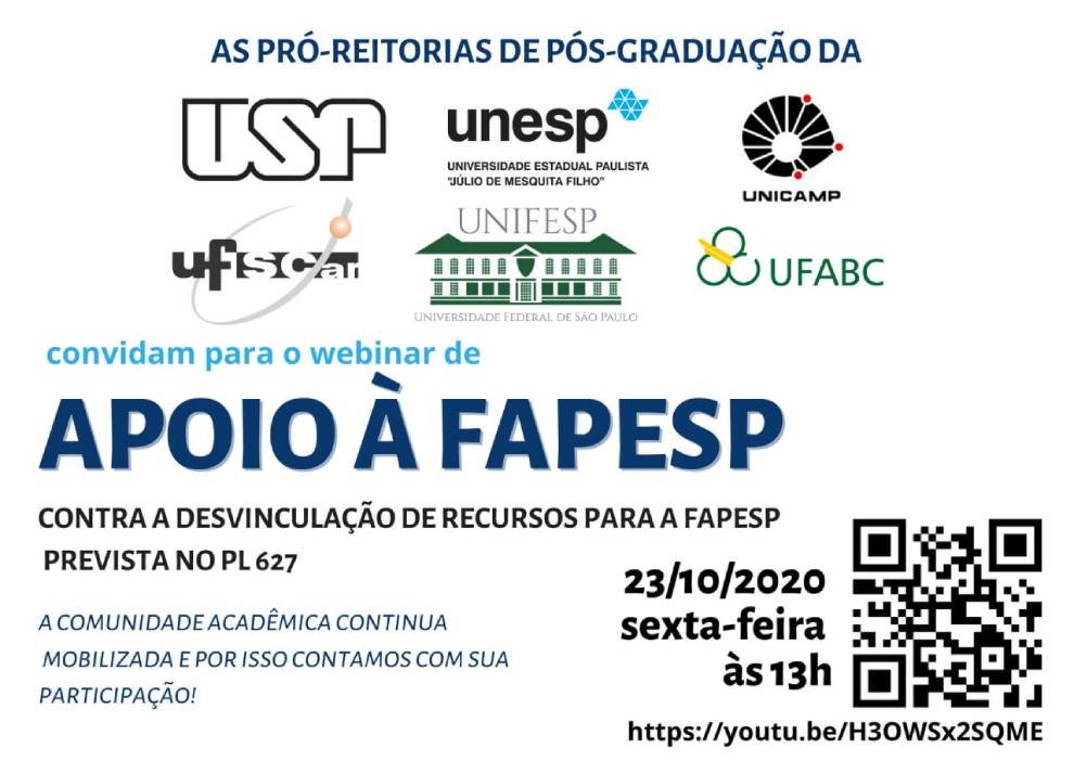 Pró-Reitorias de Pós-Graduação organizam webinário em apoio à Fapesp