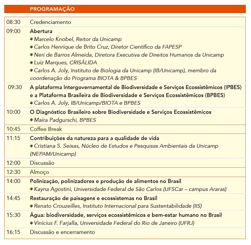 Programa do evento “BIODIVERSIDADE não é problema, é a SOLUÇÃO!”