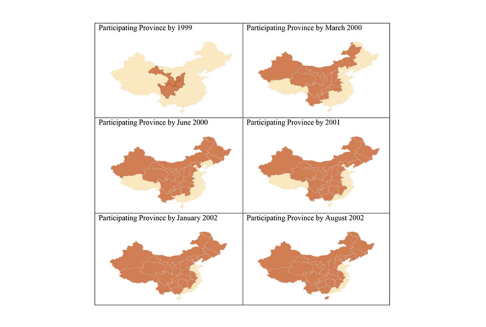 Participação de províncias por ano. Fonte: Cui, 2009; arte: Delang & Yuan, 2015