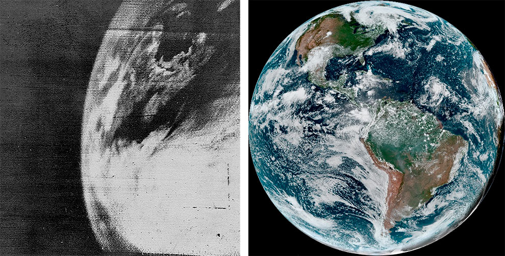 Composio com duas imagens de satlite que mostram o planeta Terra