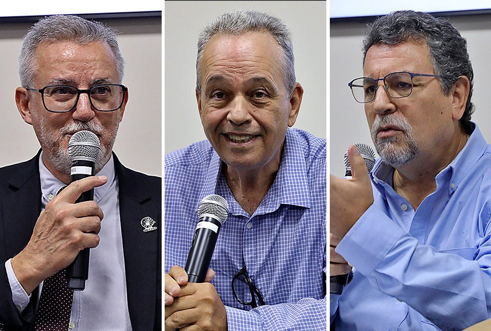 Da esquerda para a direita, o reitor da Unicamp Antonio Meirelles, Luís Cortez (Feagri) e Diego Montenegro Ernst (IICA)