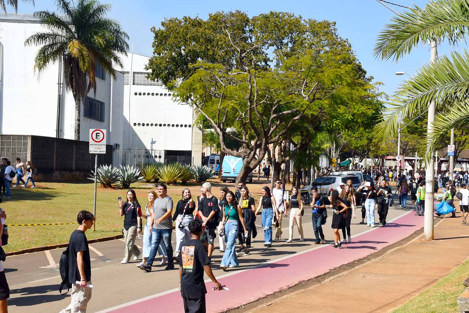 AD: em área externa, imagem em plano geral de dezenas de jovens que caminham agrupados, da direita para a esquerda da imagem, em rua asfaltada. Nessa rua, à direita, há pintura vermelha que indica ciclovia, e à esquerda, área de estacionamento de carros em 45 graus. Essa rua está localizada entre 2 áreas gramadas, sendo que à esquerda há ainda árvores de grande porte e edificação de 2 andares. As pessoas vestem roupas casuais, como camiseta e calça jeans. O dia está bastante ensolarado. Imagem 11 de 44.
