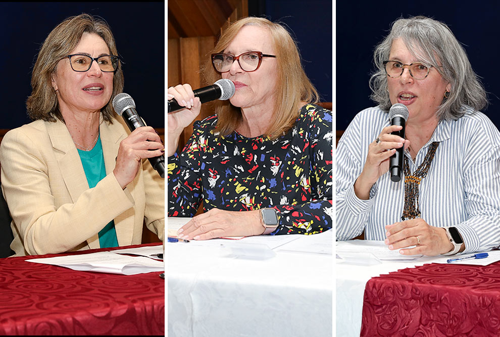 Da esquerda para a direita, a pró-reitora de Pesquisa, Ana Frattini, a coordenadora dos programas acadêmicos do CNPq, Lucimar Almeida e a pró-reitora de Graduação, Mônica Cotta