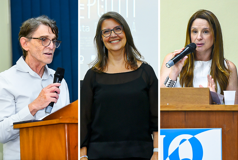 Da esquerda para a direita, o editor-executivo da SEC Alvaro Kassab, a diretora do filme Hebe Rios e a docente do IQ Cassiana Montagner