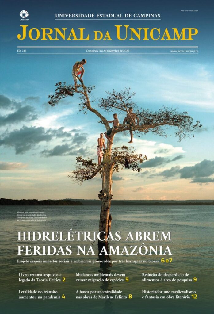 Jornal da Unicamp edição 735, imagem central com uma árvore em área alagada com pessoas nos galhos 