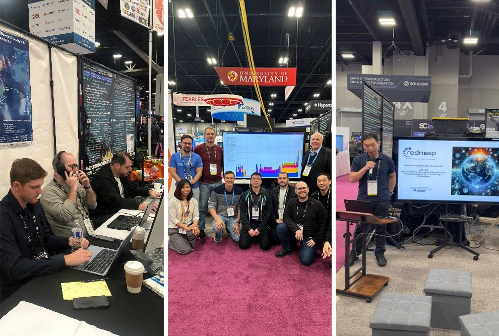 Equipes durante participação no Booth Caltech; A Rednesp é um projeto apoiado pela Fapesp que disponibiliza conexões de dados de alta velocidade para a comunidade acadêmica do estado de São Paulo